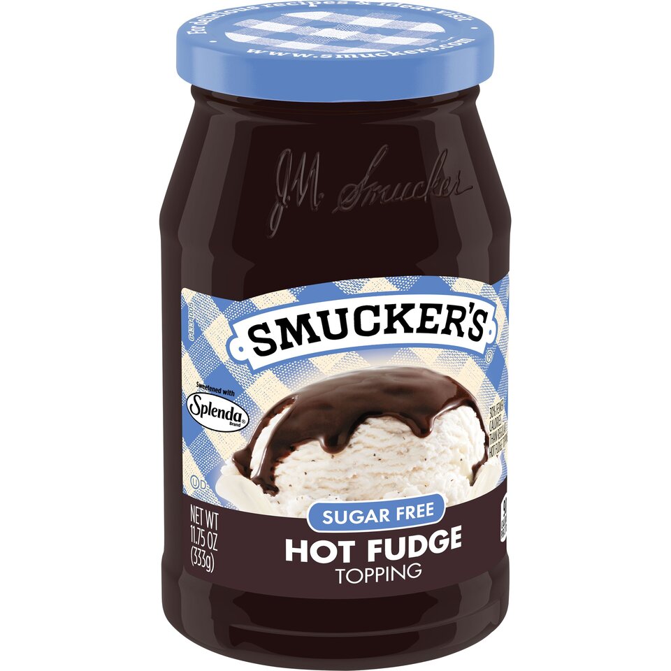 Sugar Free Hot Fudge Spoonable Topping front left with packaging