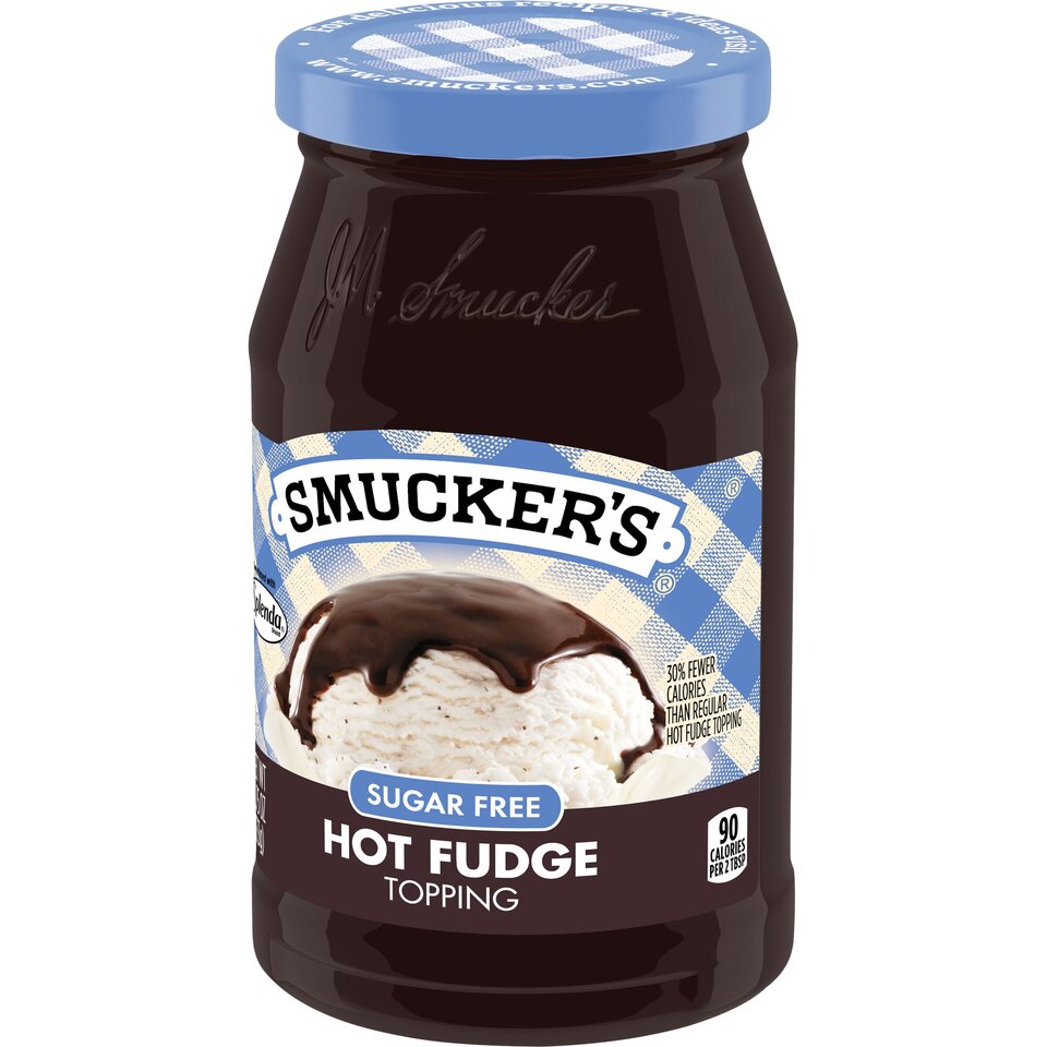 Sugar Free Hot Fudge Spoonable Topping front right with packaging