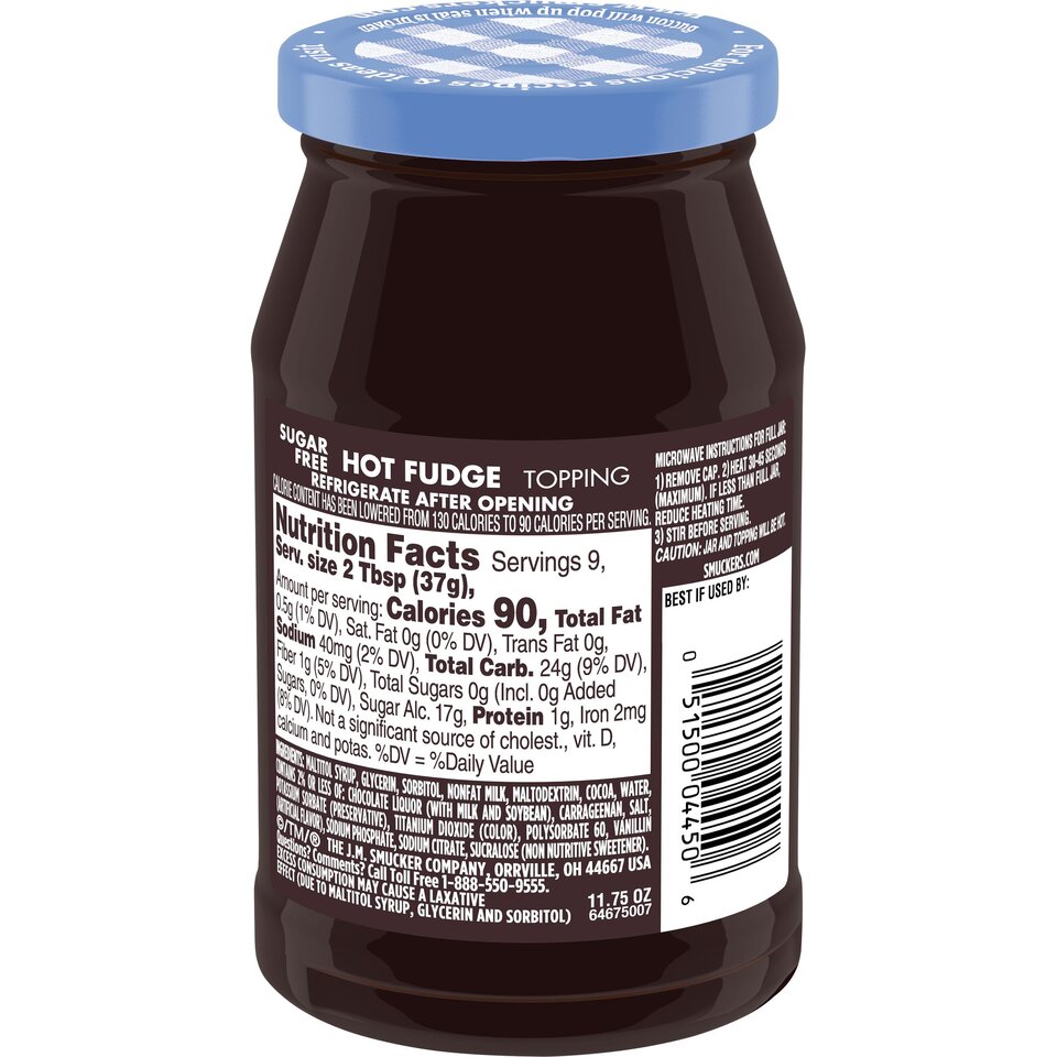 Sugar Free Hot Fudge Spoonable Topping back center with packaging